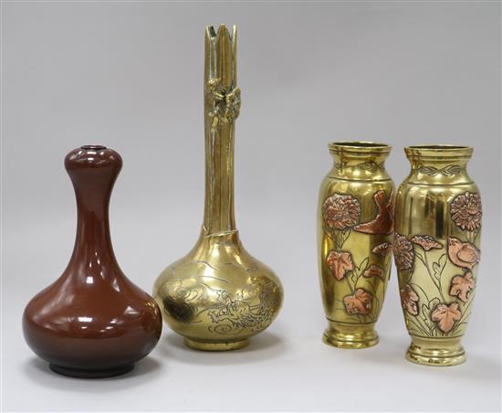 Four assorted Japanese bronze and copper vases, largest 23cm